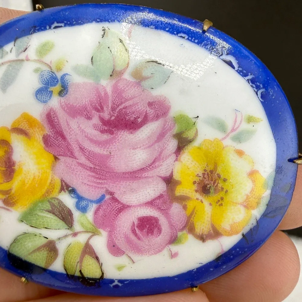 Vintage Victorian Brooch Blue Hand Painted Porcelain Pink  Gold Tone Oval READ